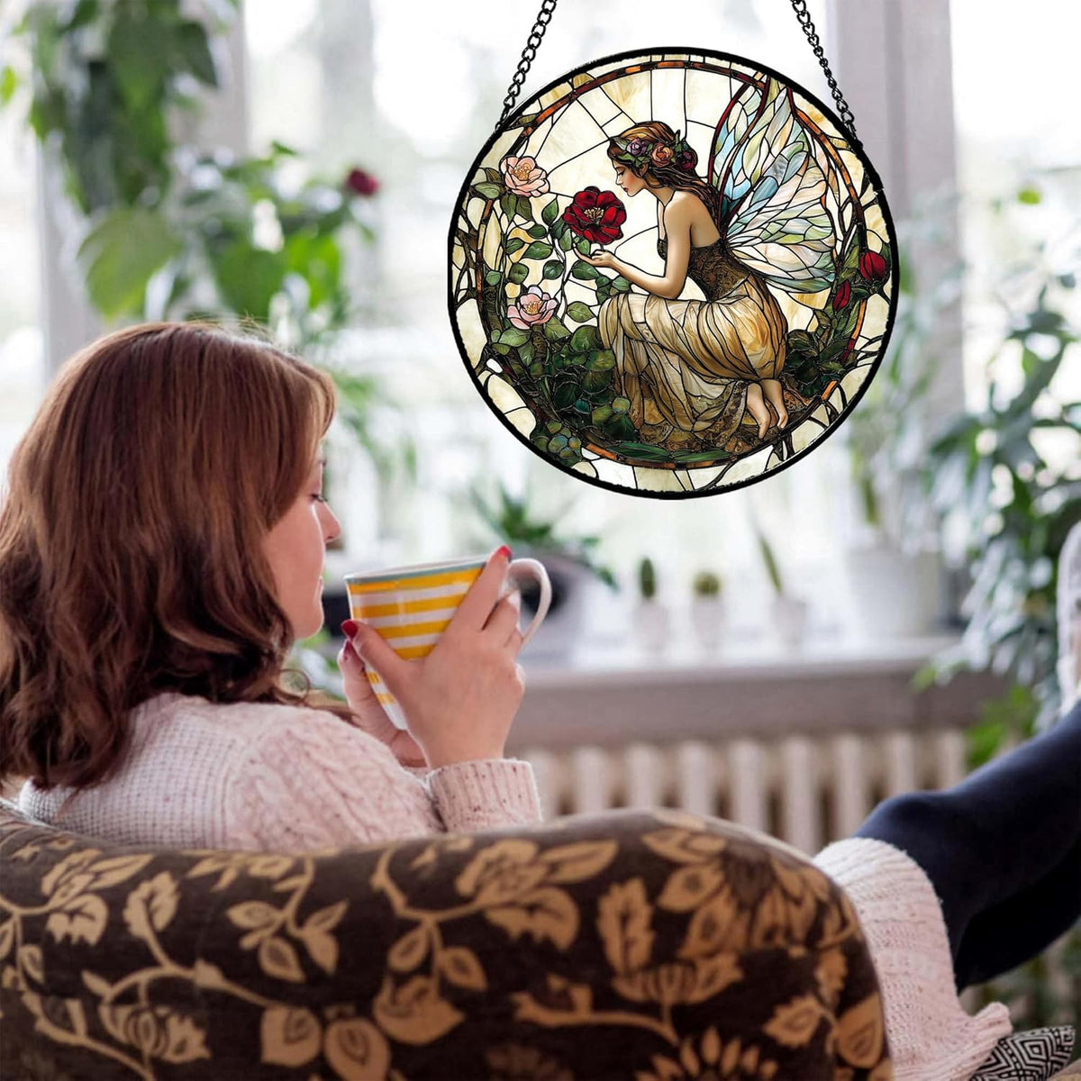 Stained Glass Window Hanging - Butterfly Flower Fairy Suncatcher for Door Terrace Garden Home Decor