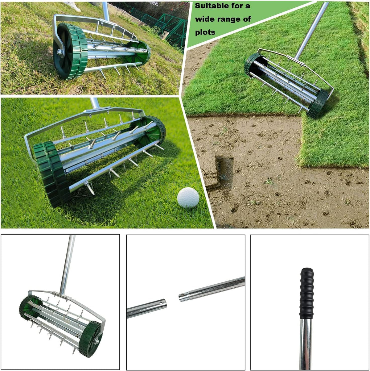 Heavy Duty Rolling Lawn Aerator, Rotary Push Tine Spike Aerator with 1.4-Inch Spikes, 57-Inch Steel