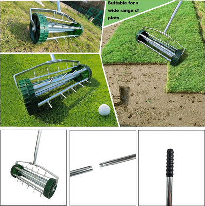 Heavy Duty Rolling Lawn Aerator, Rotary Push Tine Spike Aerator with 1.4-Inch Spikes, 57-Inch Steel