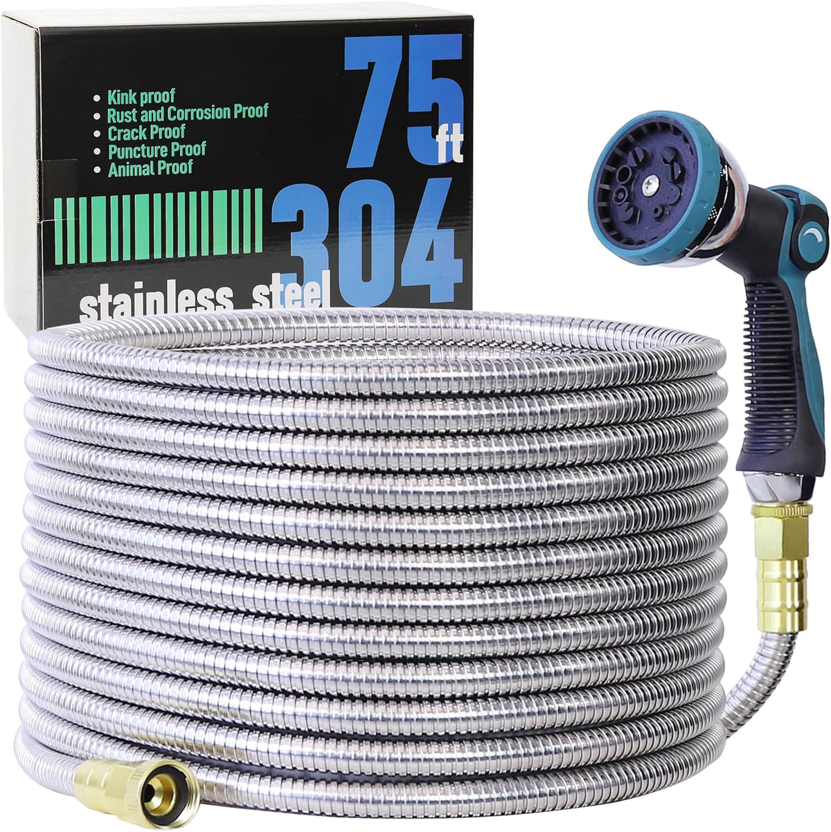 75FT Garden Hose, 304 Stainless Steel Water Hose, Flexible with a 10-Mode Nozzle Sprayer, No Kink