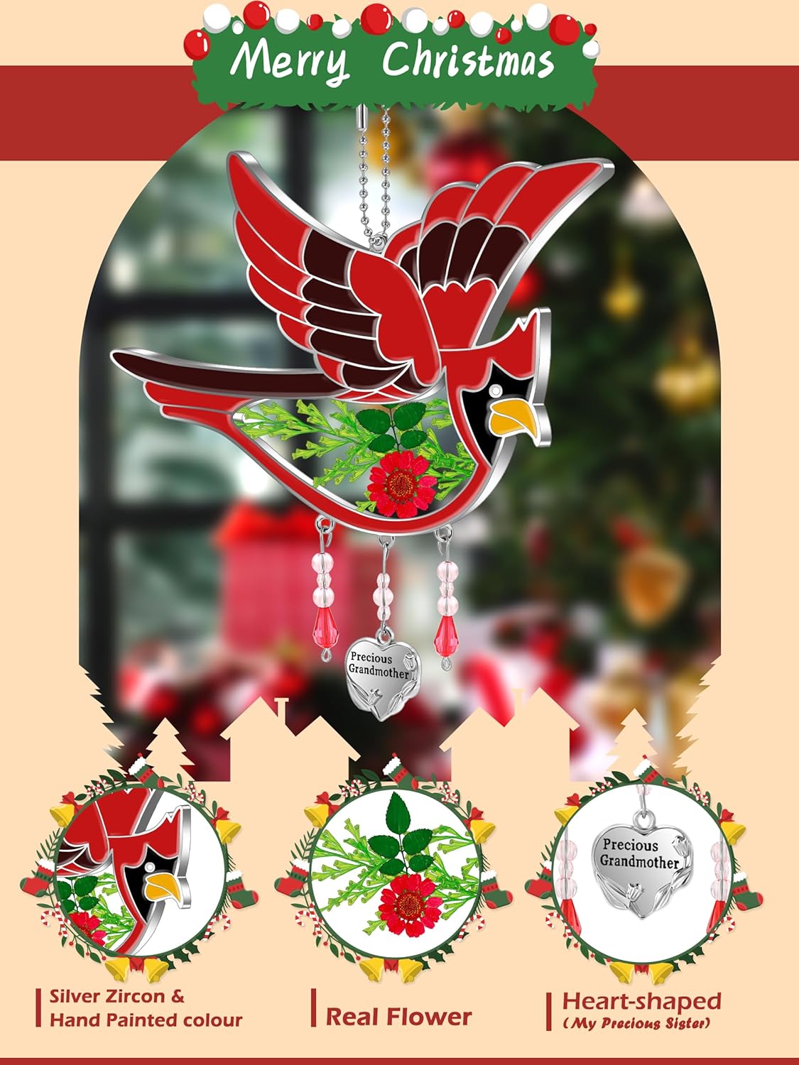 KY&BOSAM Cardinal Suncatcher Grandma Gifts Glass Suncatchers for Windows Hanings Wind Chime,Pressed
