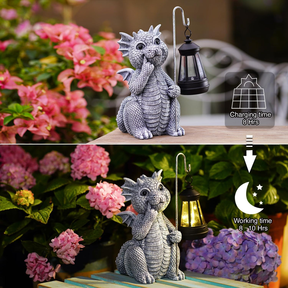 Goodeco Dragon Statue with Solar Lantern - Garden Decor for Lawn, Patio, and Yard - 8.3 inches