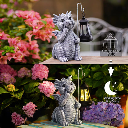 Goodeco Dragon Statue with Solar Lantern - Garden Decor for Lawn, Patio, and Yard - 8.3 inches