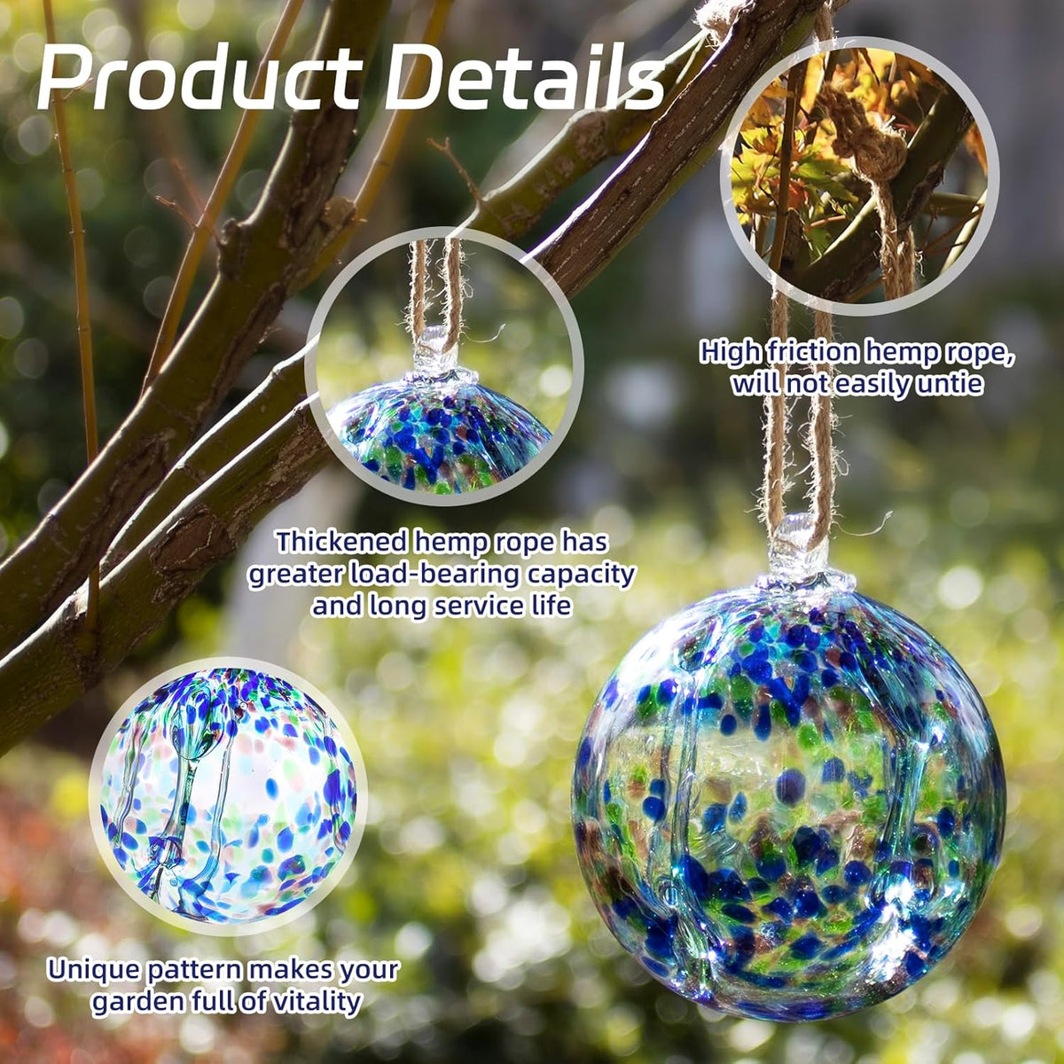 VOREEN 6" Hanging Glass Garden Gazing Ball Hand Blown Glass Witch Ball Christmas Ornament