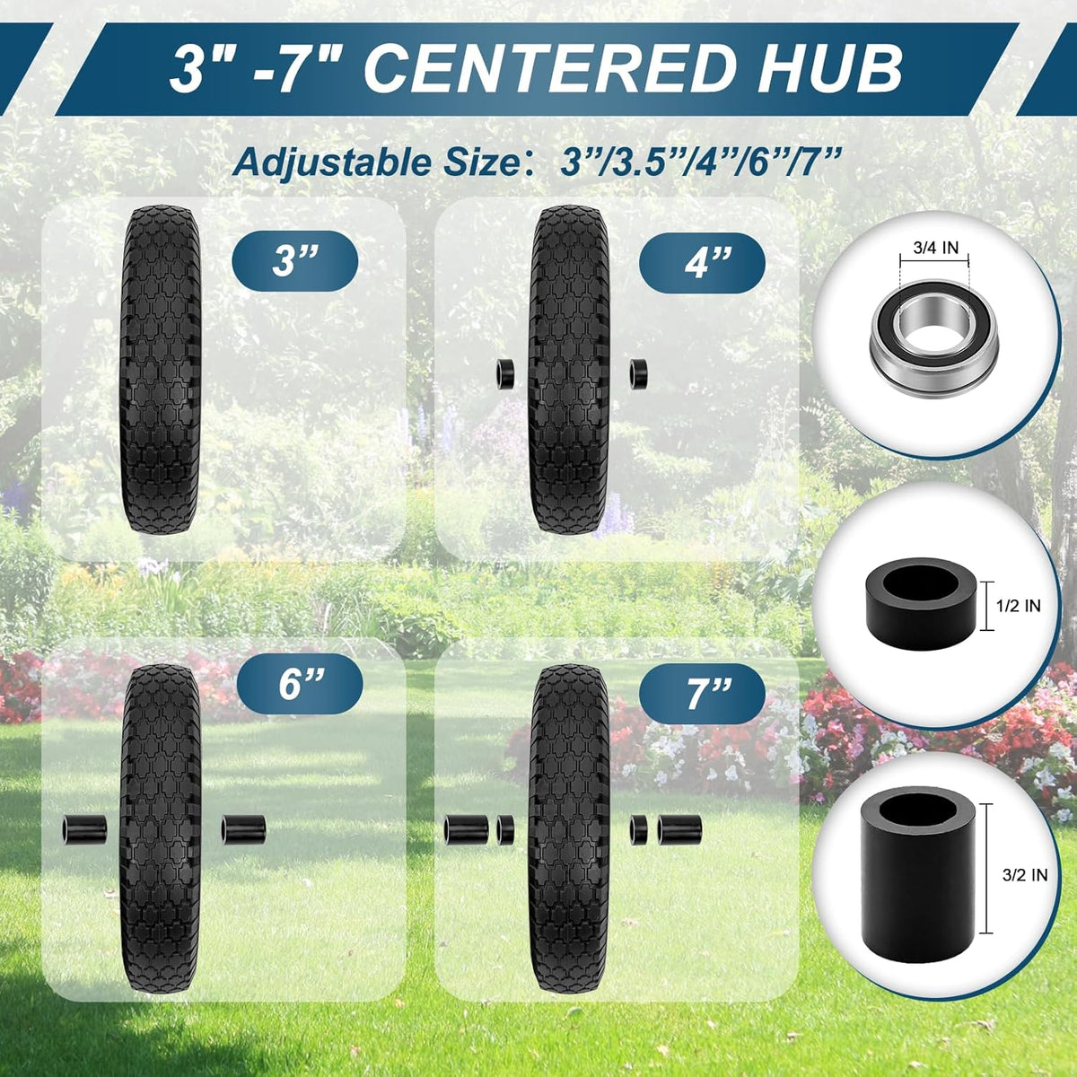 4.80/4.00-8" Flat Free Tire and Wheel 14.5" Solid Flat-Free Replacement Tire with 5/8"& 3/4" Axle