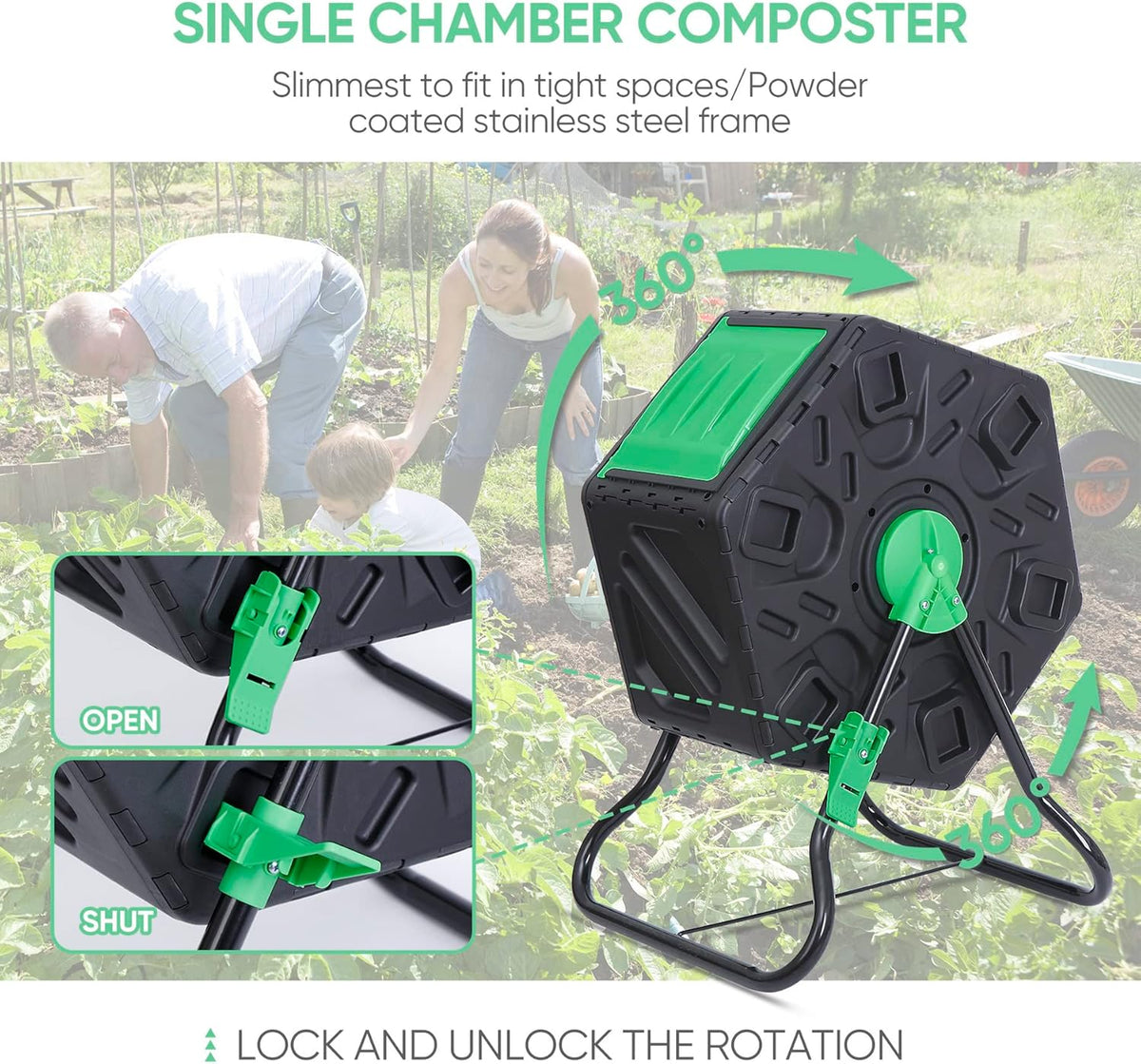 F2C 18.5 Gallon Compost Tumbler Compost Bin All-Season Outdoor BPA Free Single Rotating Chamber