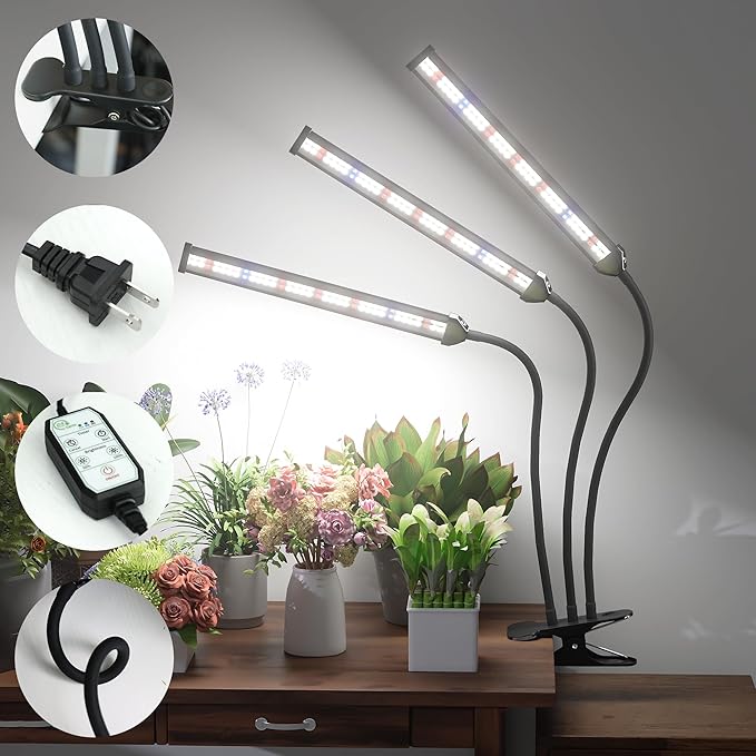 GooingTop Grow Light LED Gooseneck Lamp,Triple-Head Full Spectrum 222 LED Plant Lamp with Red Blue