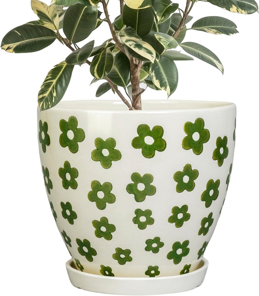 Ceramic Flower Pot - 10 Inch Plant Pot Indoor with Drainage Hole and Saucer, Boho Round Ceramic