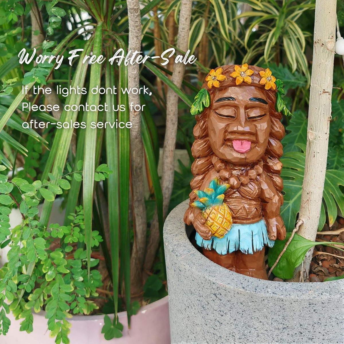 Solar Tiki Girl Garden Statues Tiki Lady Holding Pineapple Figurine with Flower LED Lights Bar