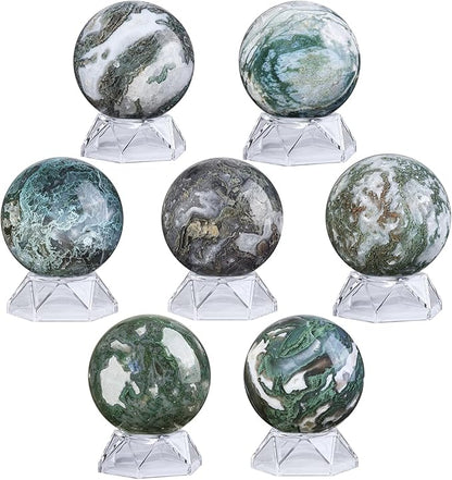 Natural Moss Agate Crystal Ball with Acrylic Display Base, 61-70mm Polished Stone Feng Shui Crystal