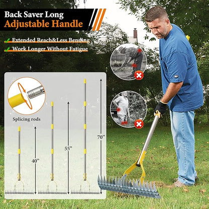 Thatch Rake for Lawns - 15in Dual-Action Dethatching Thatcher Rakes with 55'' Handle,Heavy Duty
