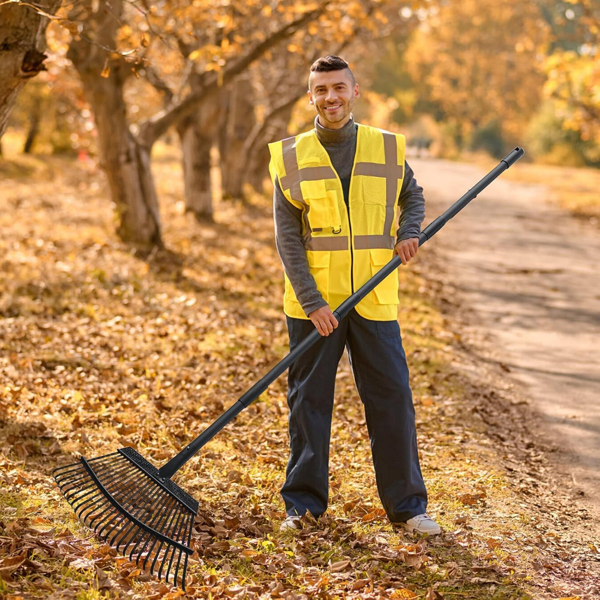 Rake for Leaves, 25 Metal Tines Wide Leaf Rake, 60'' Leaf Rakes for Lawns with Adjustable Steel