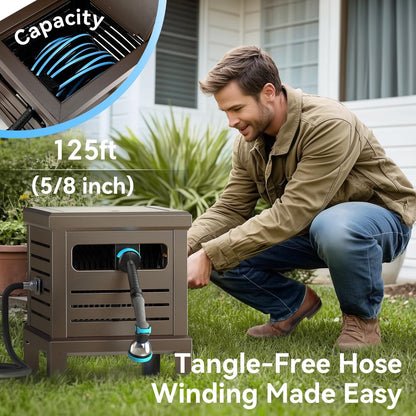 Relhost Hose Reel, Heavy Duty Metal Deck Box Hideaway Holds 125 ft x 5/8" Hose, Garden Hose Reel