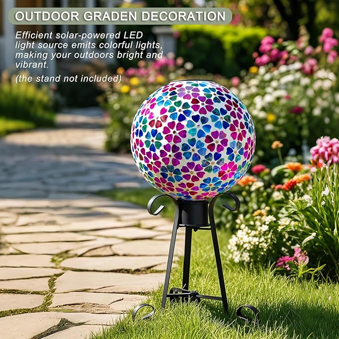 VOREEN Mosaic Solar Glass Gazing Ball, 10" Outdoor Multicolor Gazing Globe, Handmade IP44