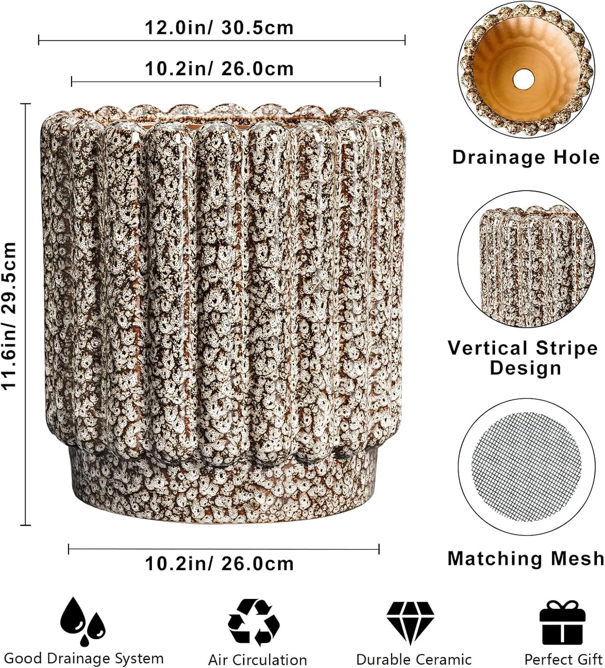 Ceramic Pots for Plants - 12 Inch Planter for Indoor Plants, Round Flower Pots with Drainage Hole