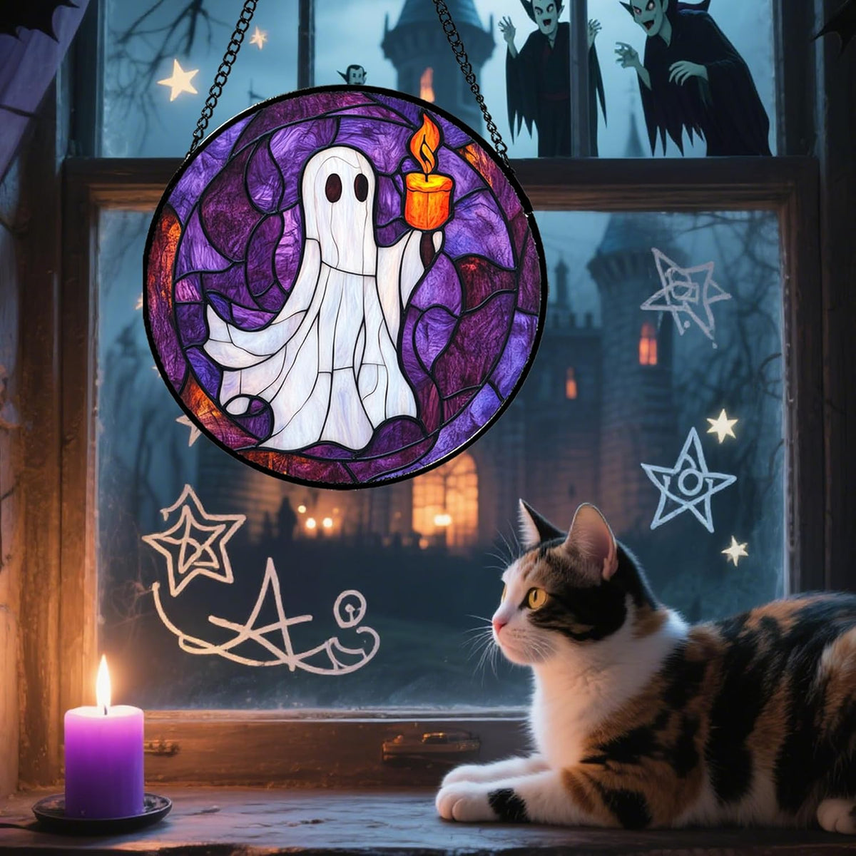 Stained Glass Window Hanging - Halloween Decorations Ghost Suncatcher for Doors Garden Indoor