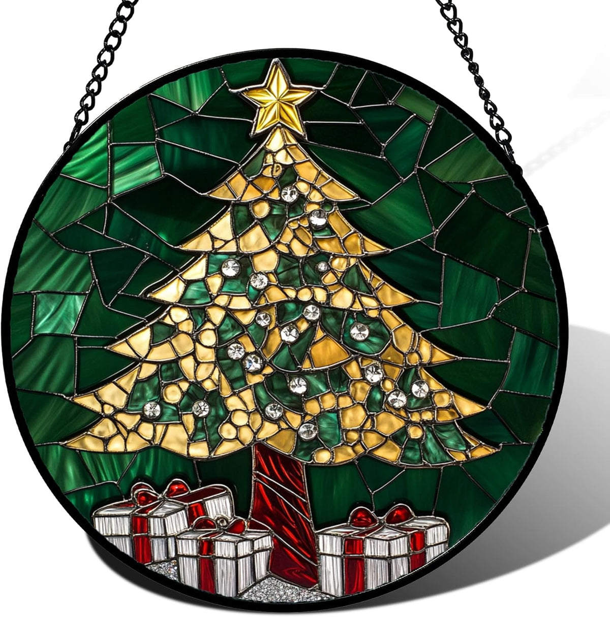 Stained Glass Window Hanging - Gold Green Christmas Tree Suncatcher for Doors Home Christmas