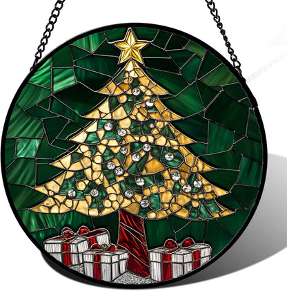 Stained Glass Window Hanging - Gold Green Christmas Tree Suncatcher for Doors Home Christmas