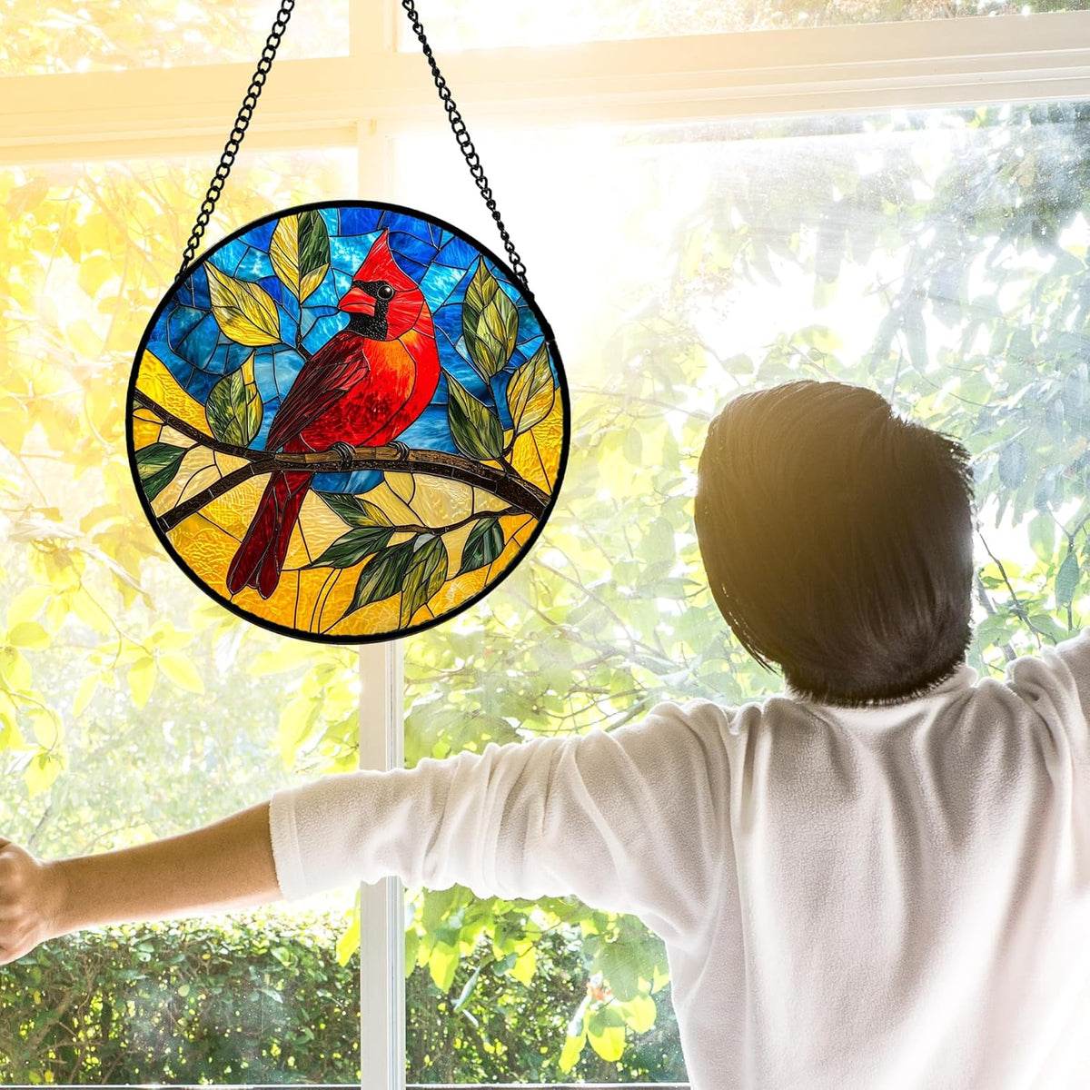 Stained Glass Window Hanging, Blue Sky Cardinal Sun Catchers Colorful Glass Panel Red Birds