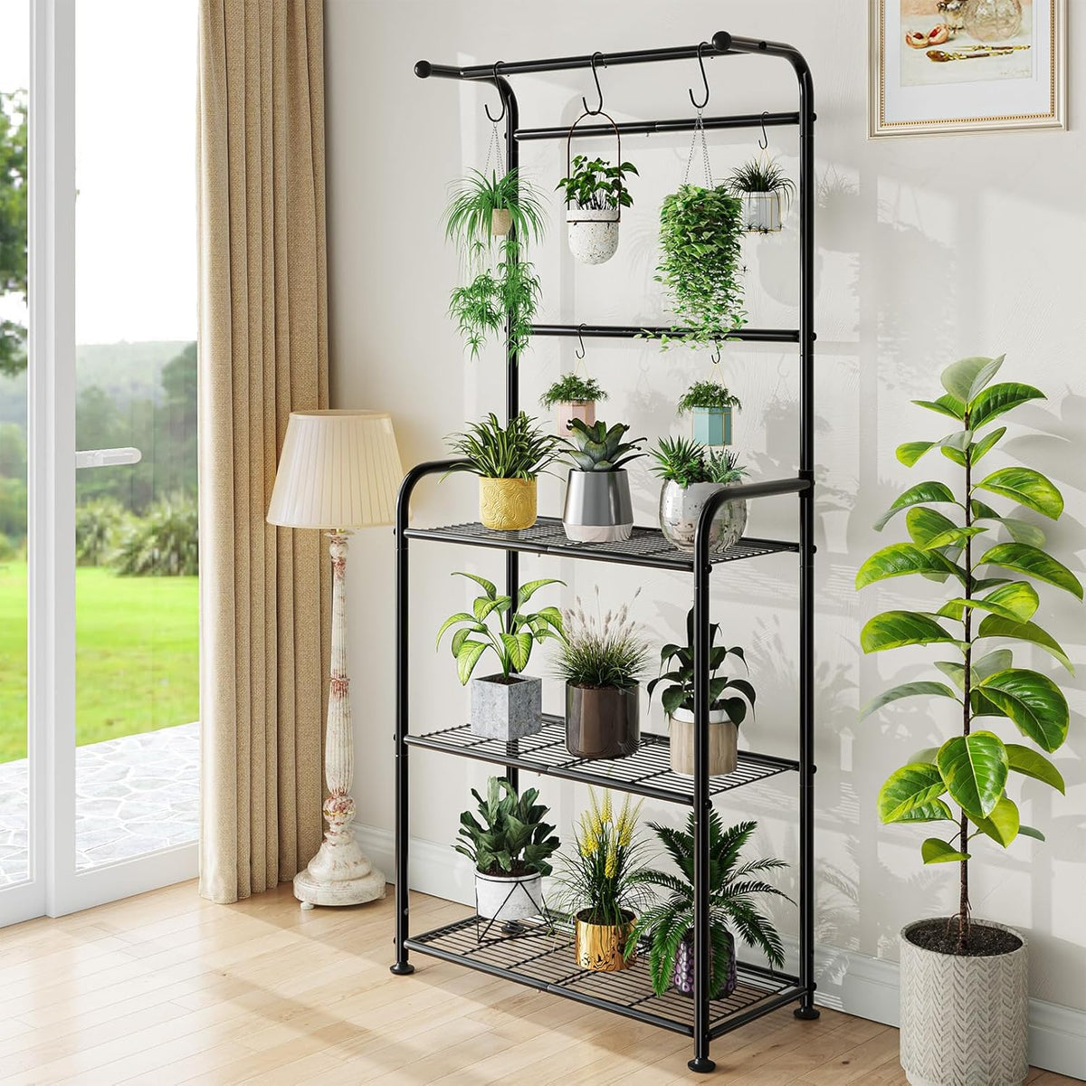 Plant Stand Outdoor Indoor, Metal 3 Tiered Tall Hanging Plant Shelf Heavy Duty for Multiple Flower