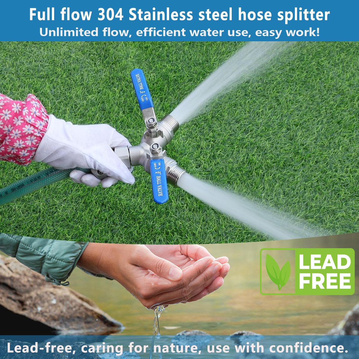 SNUTUYA 304 Stainless Steel Garden Hose Splitter 2 Way Heavy Duty, Full Flow Y Valve Water Hose