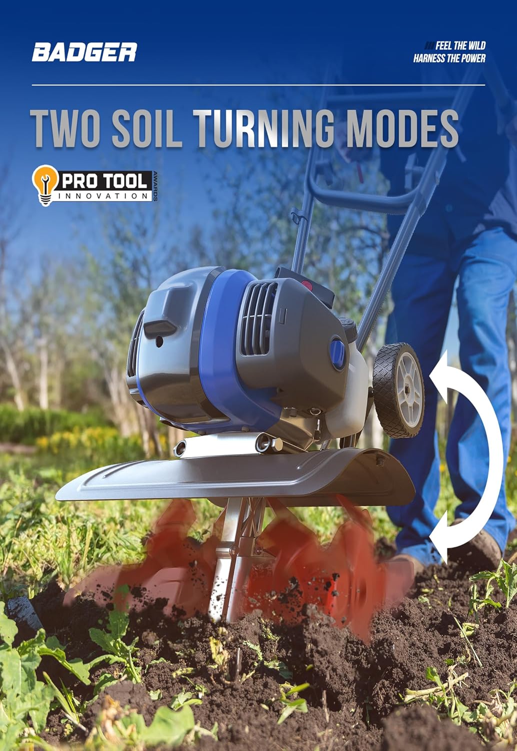 WILD BADGER POWER Garden Tiller 53cc Mini Cultivator 15 inch Powerful Liftable Booster Rod Tilling