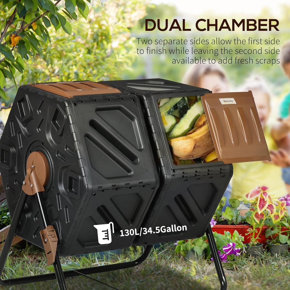 Outsunny Dual Chamber Compost Tumbler Bin, Outdoor Tumbling Composter with 24 Ventilation Openings