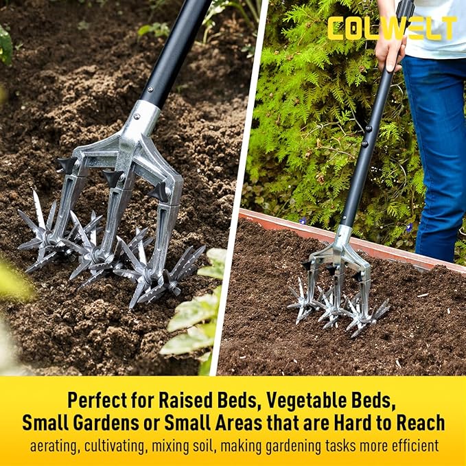 Colwelt Rotary Cultivator Garden Tool 61’’, Hand Tiller Garden Tool with Detachable Aluminum Tines
