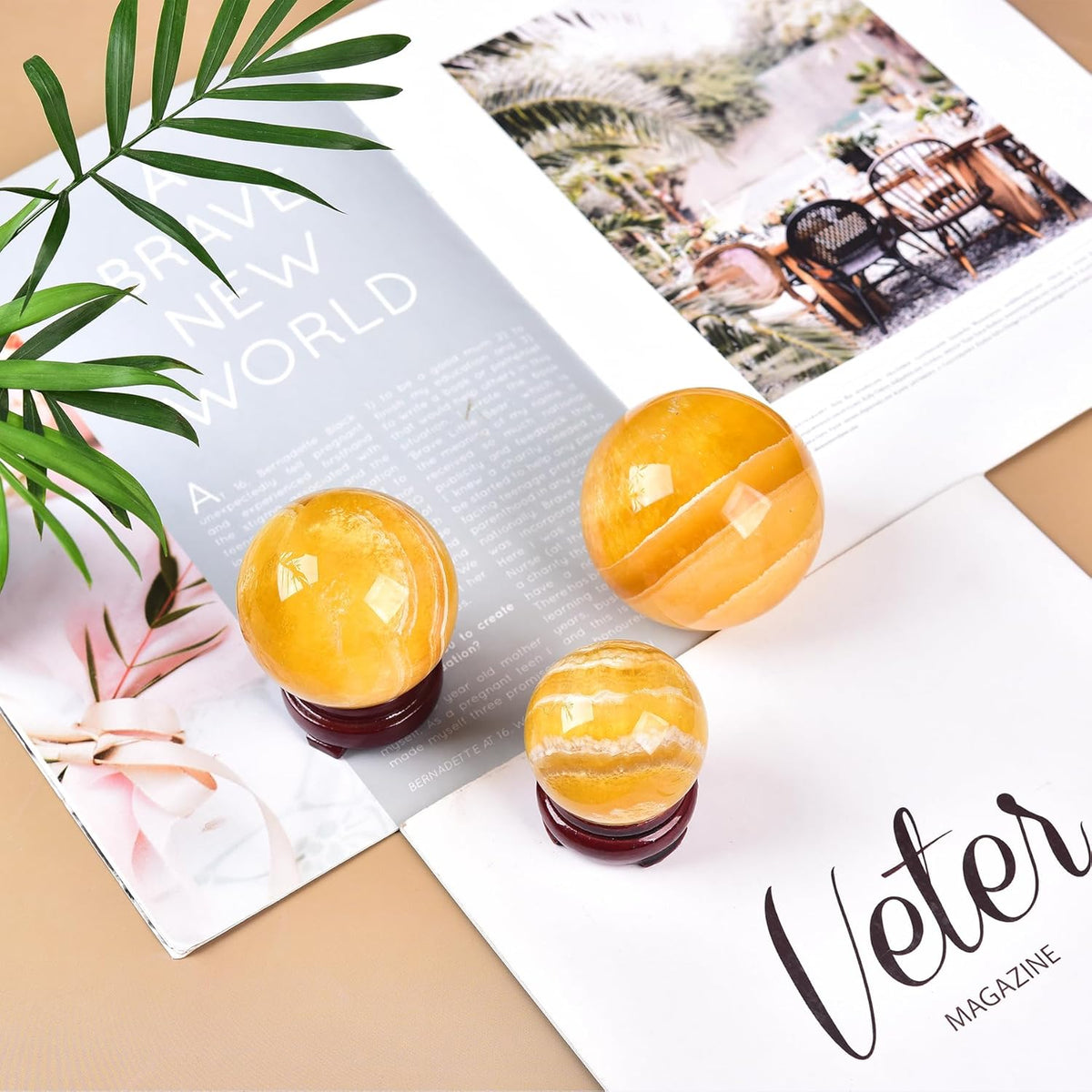 JIC Gem Natural Yellow Fluorite Crystal Sphere Crystal Decorative Ball with Wooden Stand Meditation
