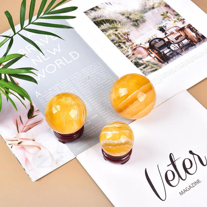 JIC Gem Natural Yellow Fluorite Crystal Sphere Crystal Decorative Ball with Wooden Stand Meditation