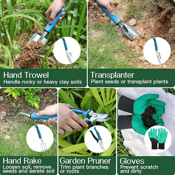 Housolution Gardening Tools Set, 8PCS Heavy Duty Garden Tools with Non-Slip Rubber Grip with Large