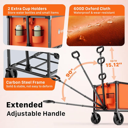 Collapsible Wagon Cart with Wheels, 150L Lightweight Foldable Utility Cart, Portable Rolling Wagon