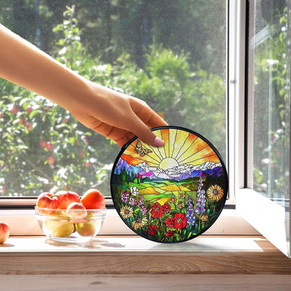 kdqua Sunshine Flower Suncatcher Stained Glass Window Hanging, Cottagecore Sunset Wildflower Sun