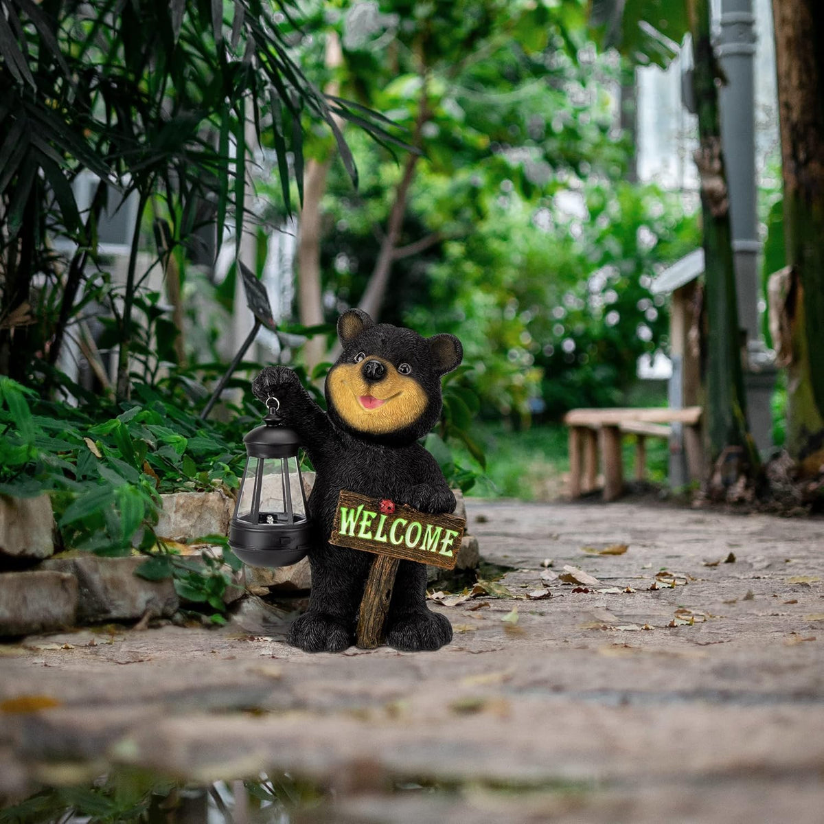 Juegoal Garden Bear Statue with Solar LED Lantern, Luminous Welcome Sign, Gifts for Mom Yard Art