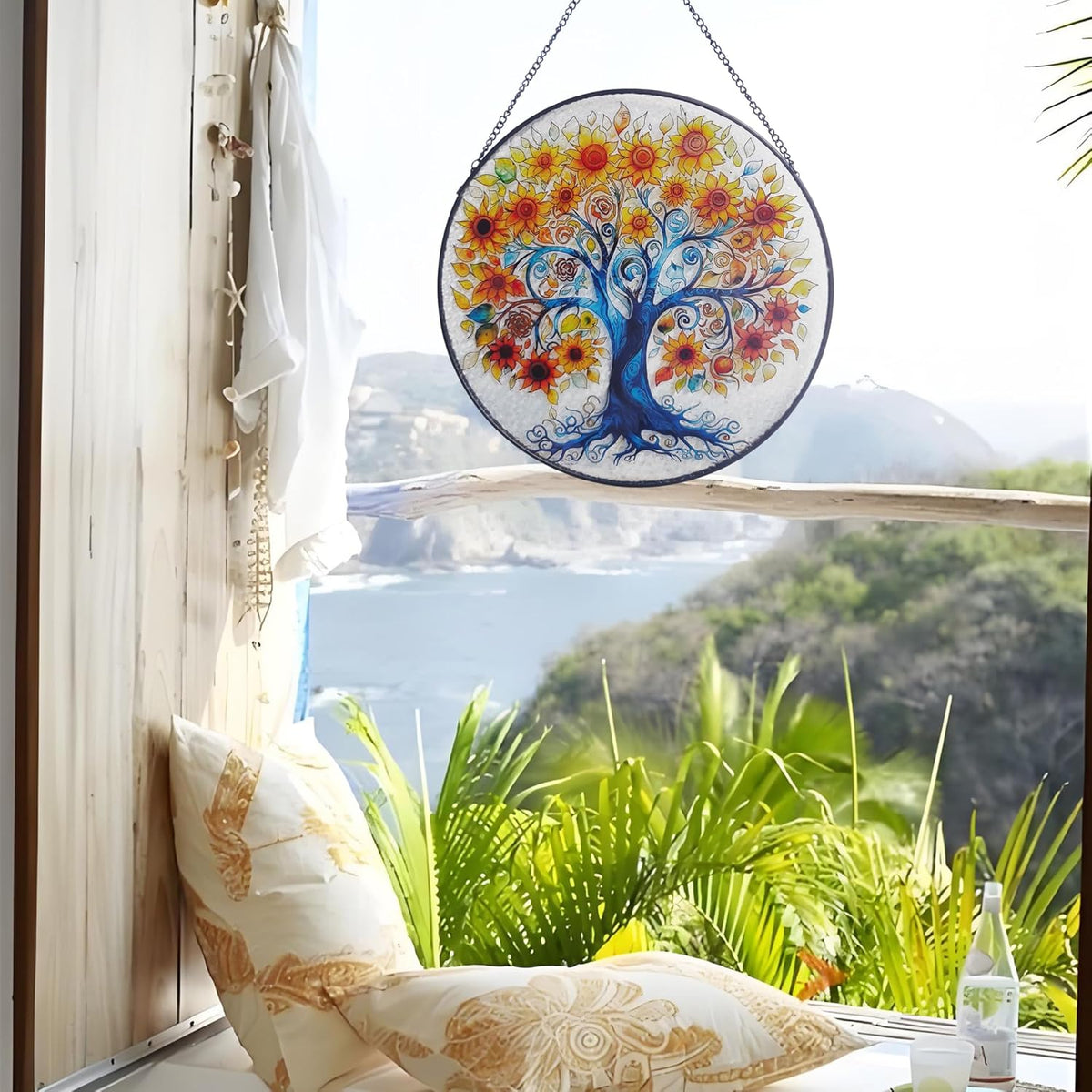 Tree of Life Stained Glass Window Hanging, Sunflower Tree Sun Catchers Indoor Window, 9.8''