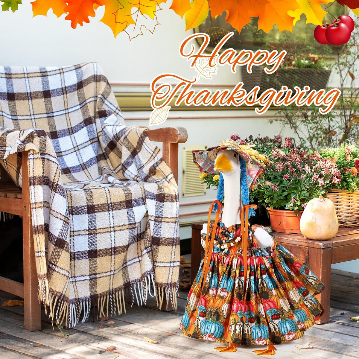 Fall Thanksgiving Goose Outfit Sunflower Porch Goose Costume with Hat Necklace for 23 Autumn Patio