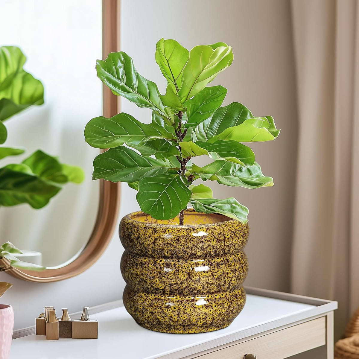 SQOWL Ceramic Planter - 8 Inch Indoor Plant Pot with Drainage Hole, Round Planter for Outdoor