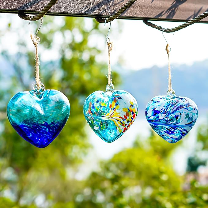 Set of 3 Handmade Glass Heart Ornaments 3.9 Inch Blue Friendship Heart Decor for Garden Home