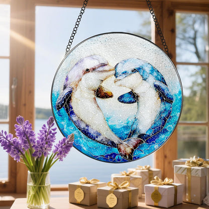 Stained Glass Window Hanging, 8 Inch Dolphin Sun Catcher Decor, Stained Glass Ornament, Suncatchers