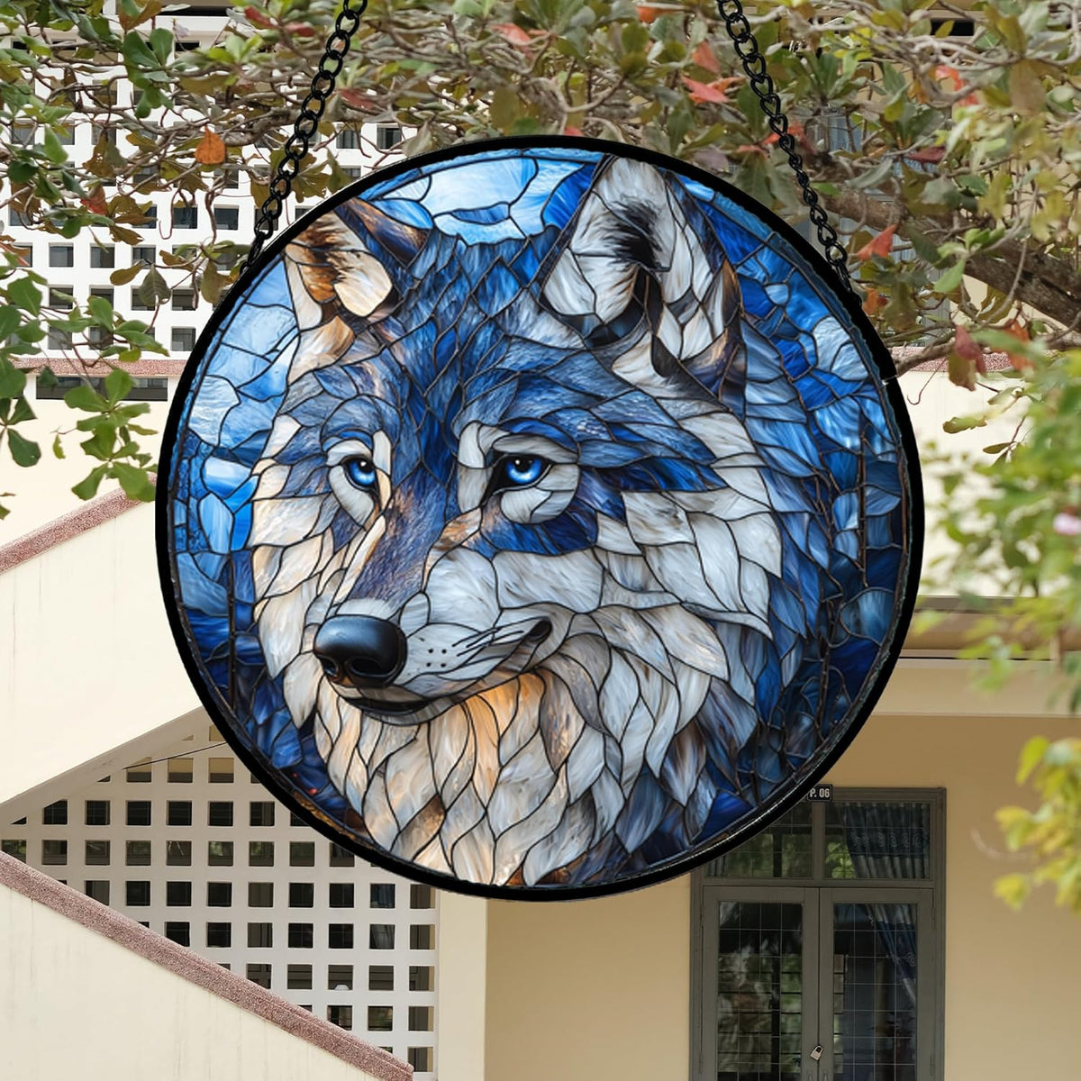 Stained Glass Window Hanging - Funny Wolf Suncatcher Ready to Hang Window Doors Home Decoration and