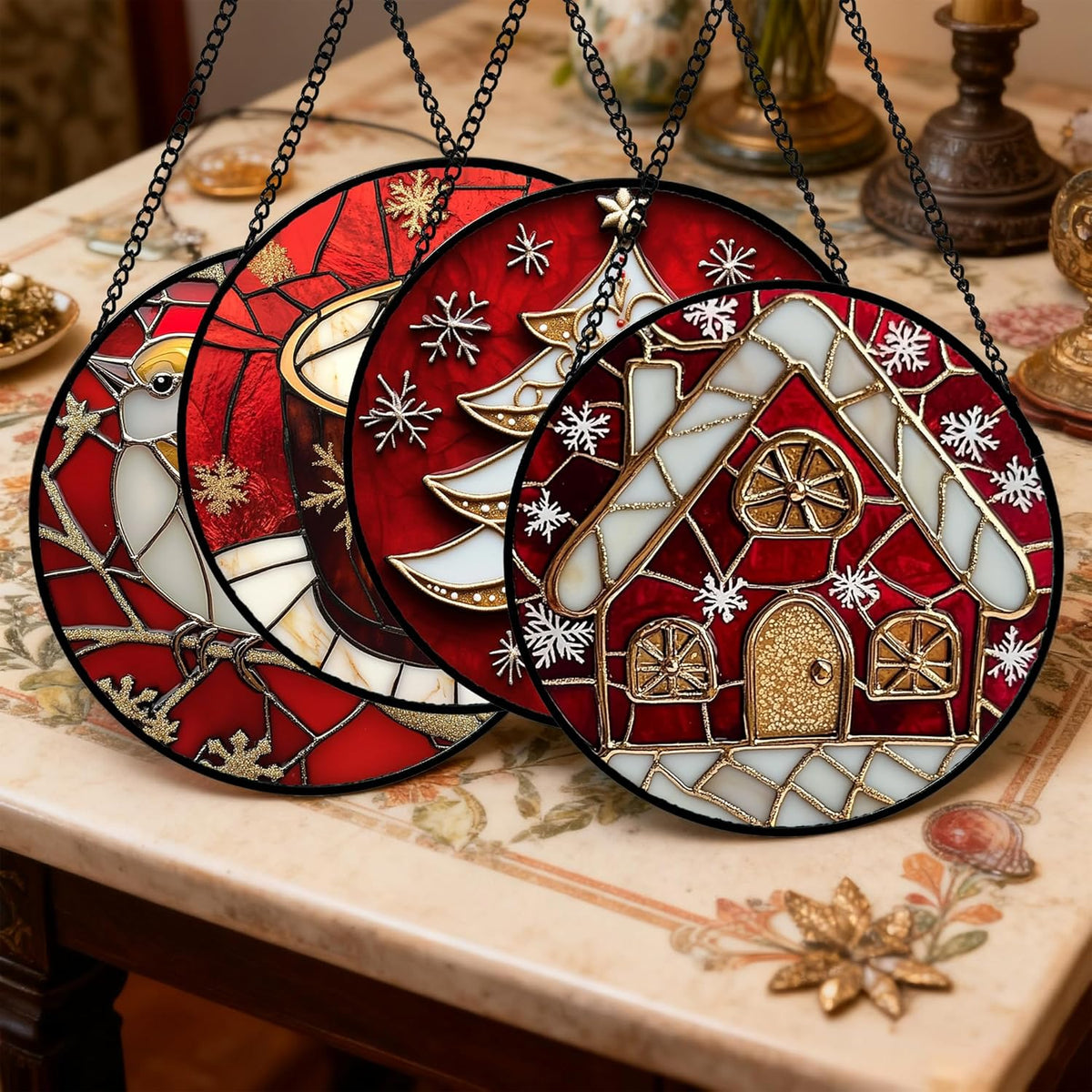 Stained Glass Window Hanging 4 Pcs Set Red Christmas Themed Decorations Large 11.8" - Suncatcher