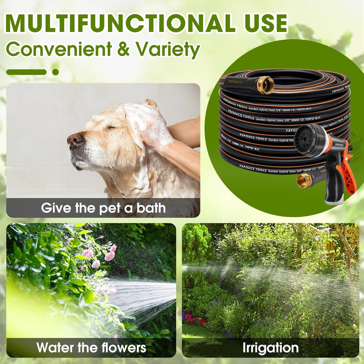 Heavy Duty Garden Hose – 5/8 Inch Flexible, Lightweight Hybrid Hose with 600 PSI Burst Pressure