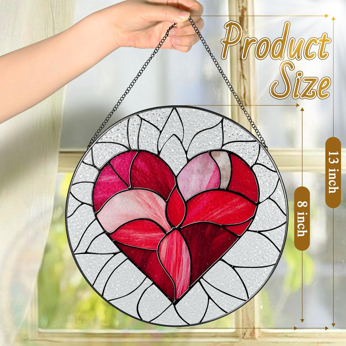 8'' Valentine Heart Suncatcher Ornament, Stained Glass Window Hanging, Suncatchers for Windows