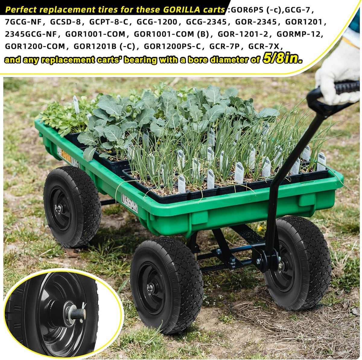 12'' Flat Free Tires Rubber Replacement Solid Tire, 2.1" Offset Hub Wheel Assemblies for Garden