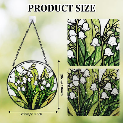 Stained Glass Window Hanging, Lily of The Valley Flower Diamond Glass Panel Suncatcher Green Plant