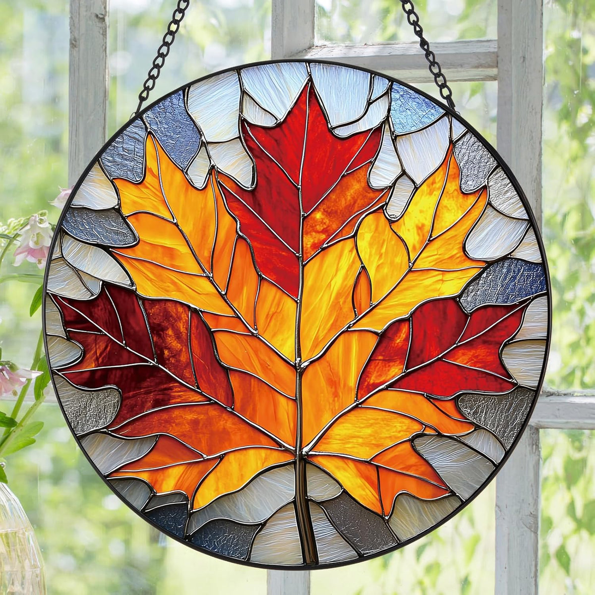 Rustic Autumn Maple Leaves Suncatcher -7.9 in Stained Glass Window Hanging Sun Catcher Garden Decor