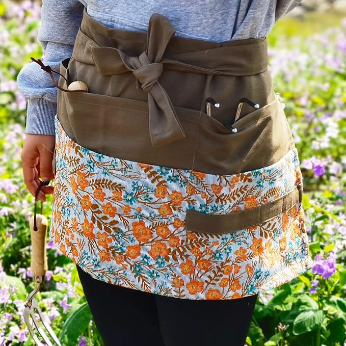 Garden Apron for Woman, Serve Apron Cute, Flora Half Apron with 8 Pockets, Valentines Gift for Mom