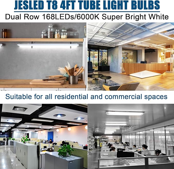 JESLED 4FT LED T8 Type A+B Tube Lights, 24W(65W Equivalent), 3200LM, 6000K, Single or Double End