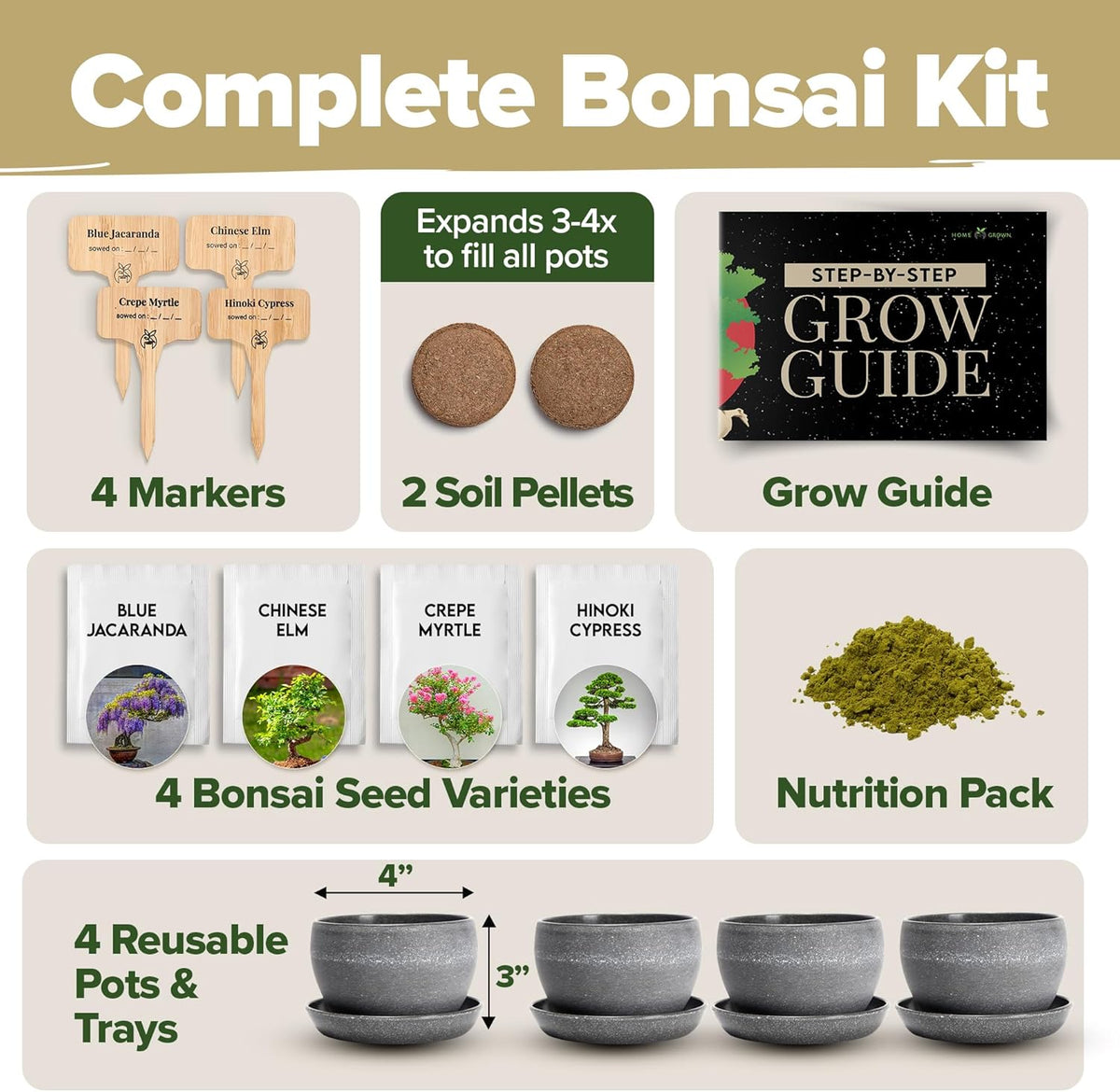 HOME GROWN Bonsai Tree Kit – Grow 4 Bonsai Types Indoors with Complete Starter Kit Including Pots