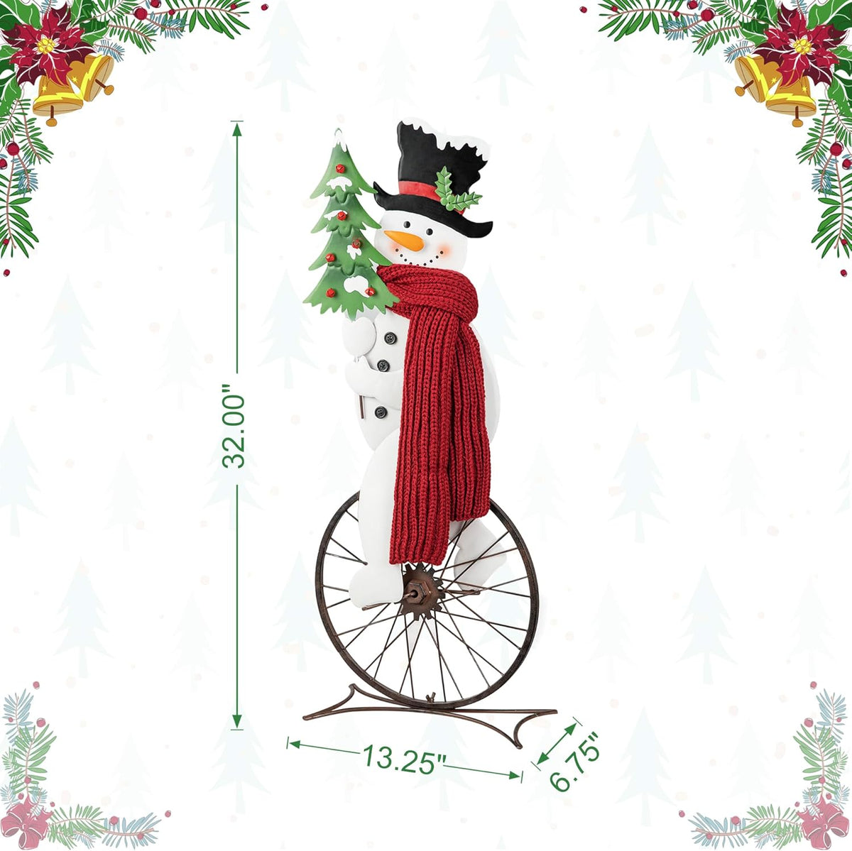 Glitzhome 32”H Metal Snowman Porch Décor Bike Wheel Cute Snowman with Red Scarf Hat Christmas Tree